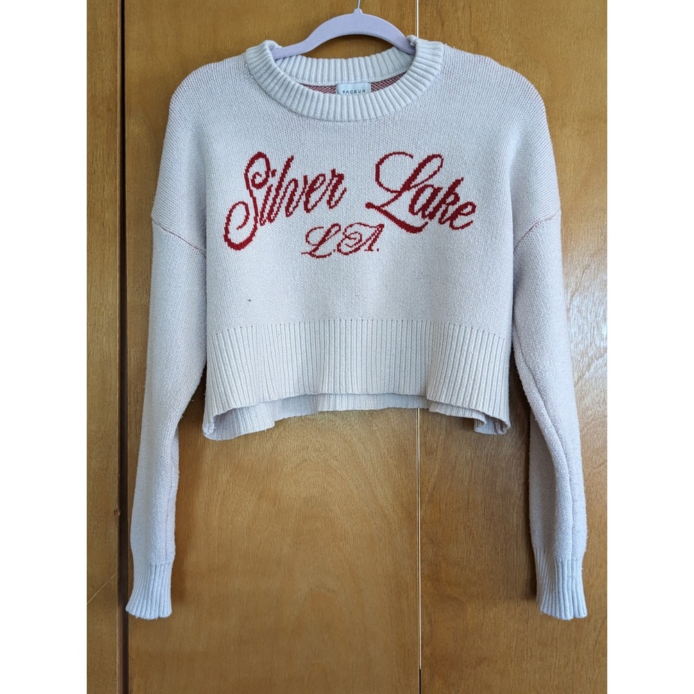 PacSun Silver Lake LA Cropped Sweater Cream Red Script Long Sleeve Medium